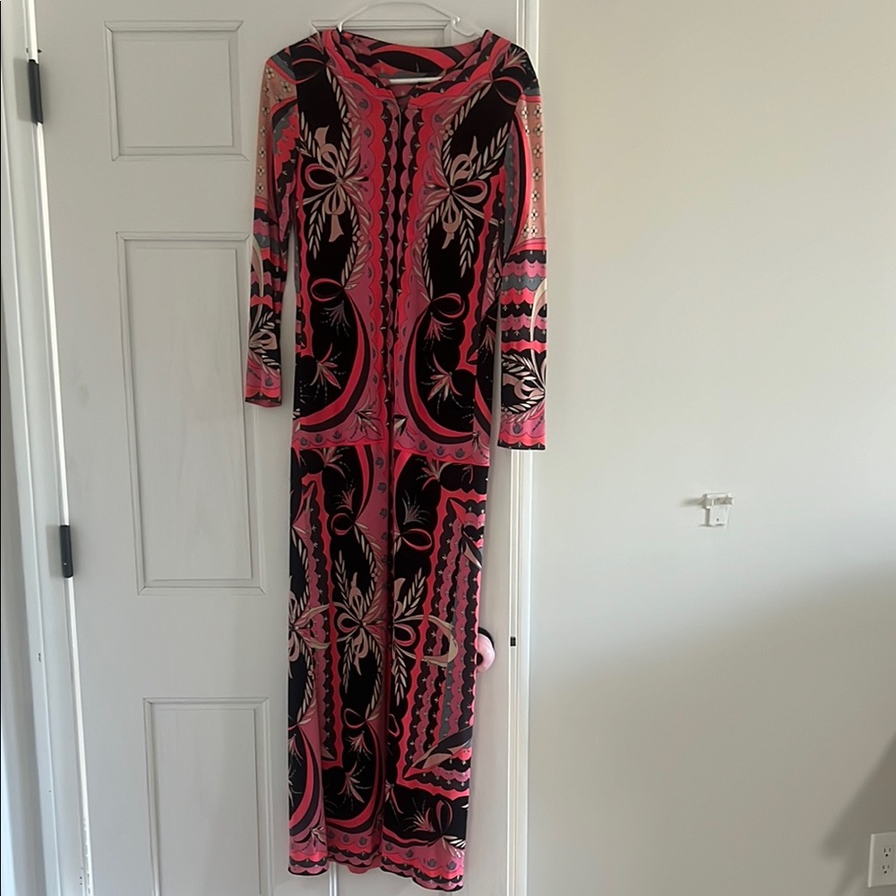 Emilio Pucci Vibrant Pink and Black Long Sleeve Dress 1960s house dress.